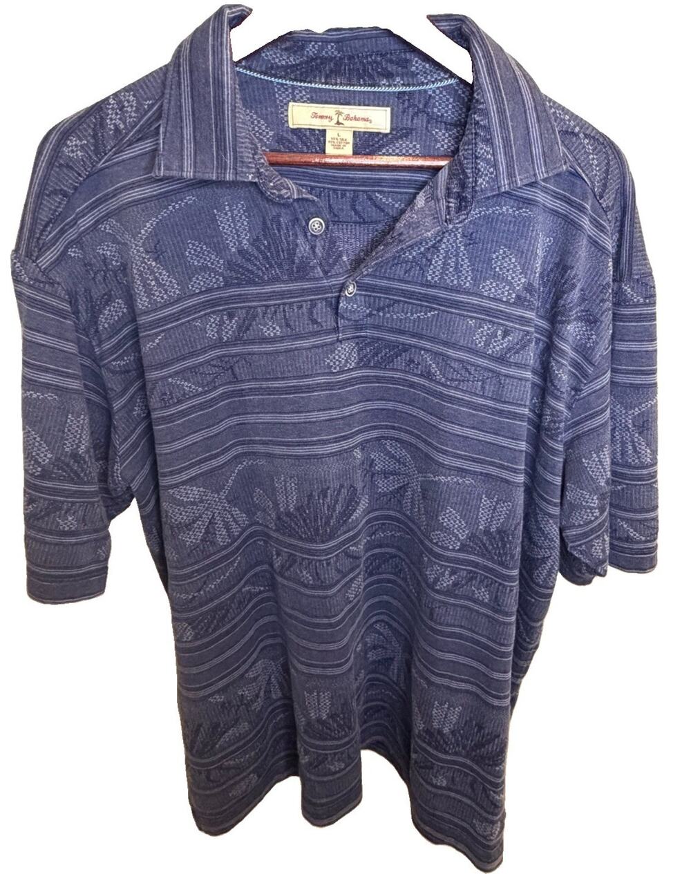 Tommy Bahama Men’s Large Silk Cotton Polo Blue Island Pattern Short Sleeve